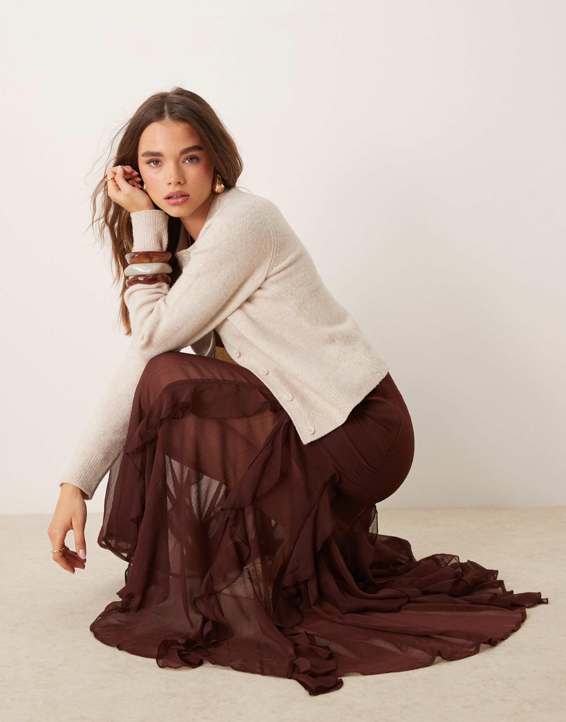 miss selfridge godet insert maxi skirt in brown
