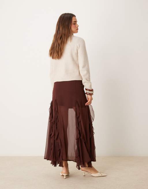 Miss Selfridge godet insert maxi skirt in brown