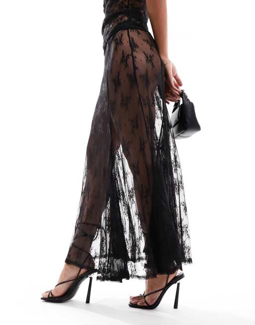Miss Selfridge godet lace maxi skirt in black | ASOS