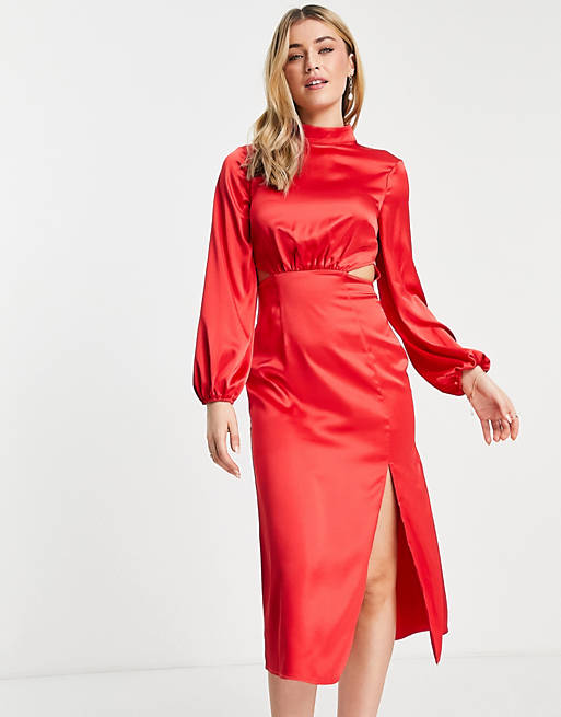 Women Miss Selfridge going out cut out midi dress in red satin 