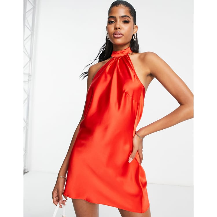 ASOS DESIGN Satin halter neck backless mini dress with waist detail in red