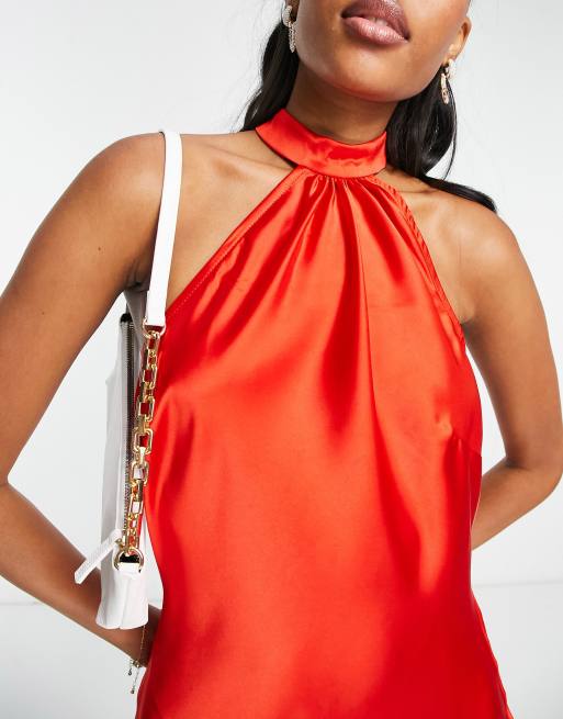 ASOS DESIGN Satin halter neck backless mini dress with waist detail in red