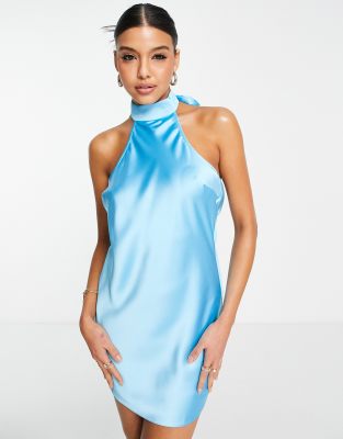 Miss Selfridge corset mini prom dress in bonded satin in blue