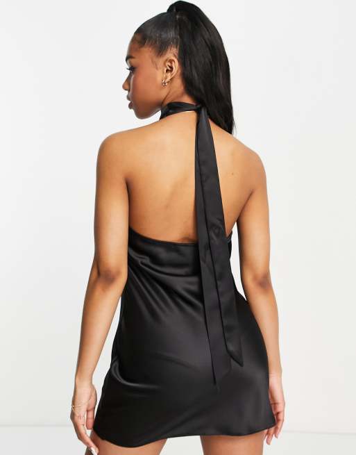 Miss Selfridge going out halterneck satin mini dress in black, 2 of 4