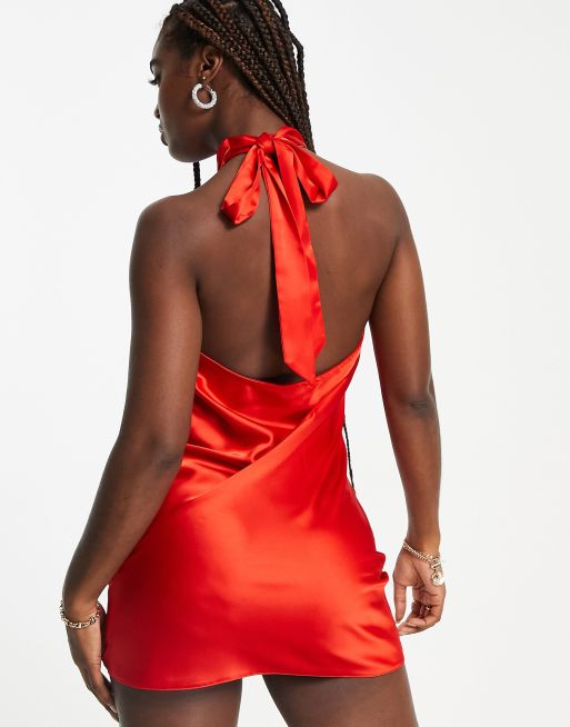 Miss Selfridge going out halterneck satin mini dress in red, 3 of 4