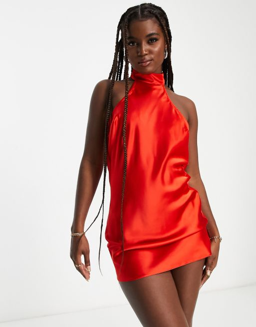 Miss Selfridge going out halterneck satin mini dress in red, 4 of 4