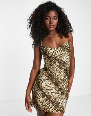 Miss Selfridge going out satin cowl mini dress in animal print-Brown