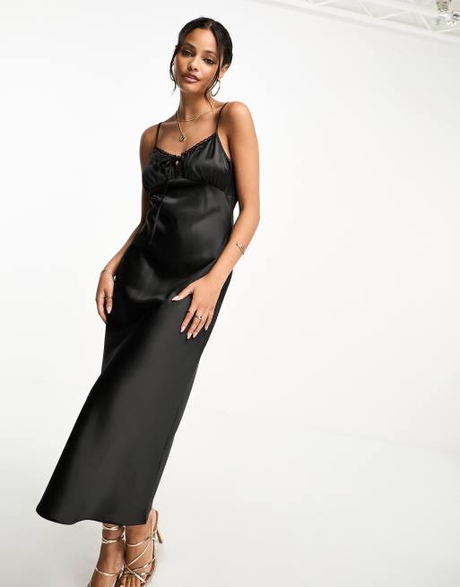 Miss Selfridge going out tie front cami bias satin midi dress in black