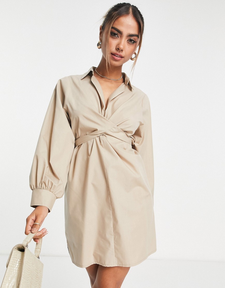 Miss Selfridge going out twist front shirt dress in fawn-Brown