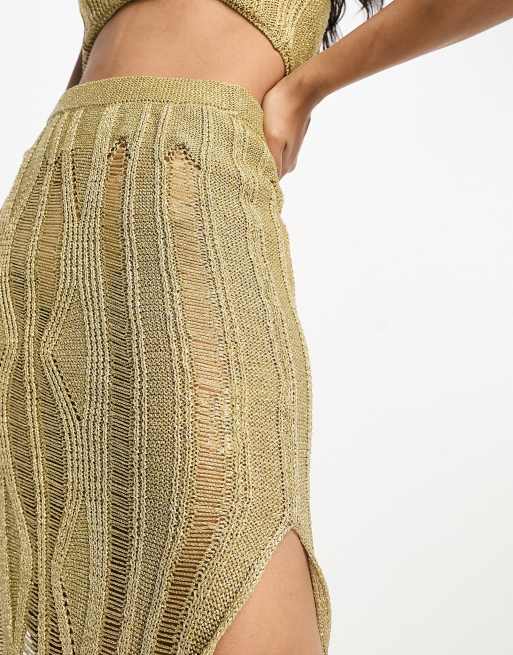 Miss Selfridge gold glitter ladder stitch maxi skirt co-ord in