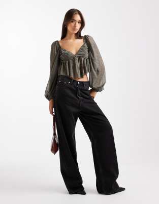 Miss Selfridge Gold Puff Sleeve Blouse In Brown