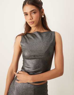 gold shimmer foil slash neck top-Black