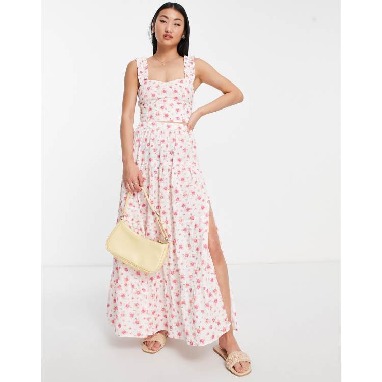 Gonna lunga a balze effetto lino rosa a fiorellini Asos Donna Abbigliamento Gonne Gonne lunghe 