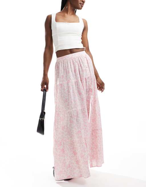 Miss Selfridge - Gonna lunga a balze rosa a fiori con bottoni