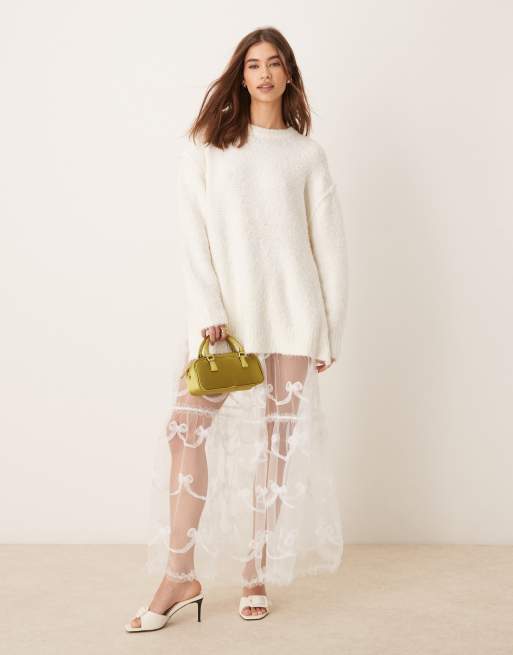 Miss Selfridge - Gonna lunga color avorio trasparente con fiocchi