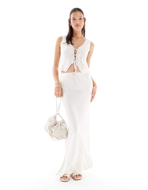 Miss Selfridge - Gonna lunga color pietra in misto lino con taglio sbieco