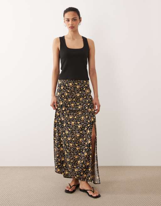 Miss Selfridge - Gonna lunga con taglio sbieco marrone a fiori
