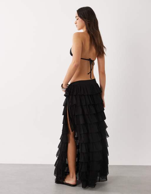 Miss Selfridge - Gonna lunga da mare nera in chiffon con volant a balze, 2 di 5