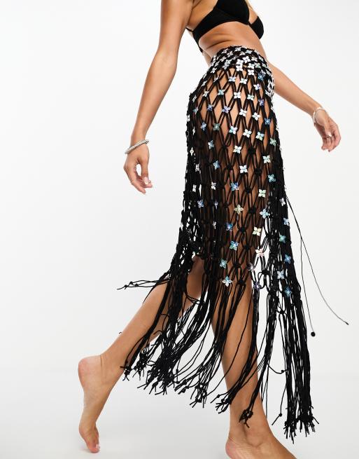 Miss Selfridge - Gonna lunga da mare nera in macramè con perline a fiori, 4 di 4
