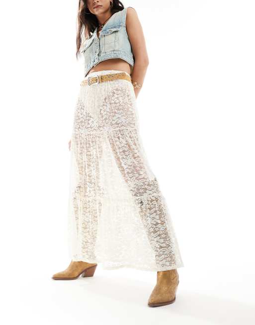 Miss Selfridge - Gonna lunga da spiaggia in pizzo trasparente a balze