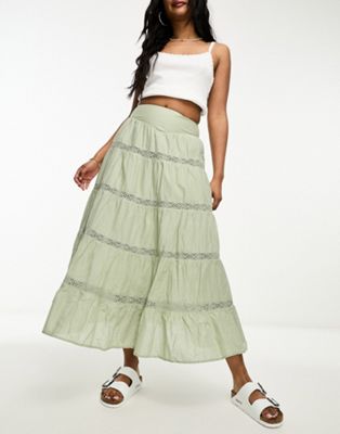 Miss Selfridge festival lace tiered boho maxi skirt in khaki - ASOS Price Checker