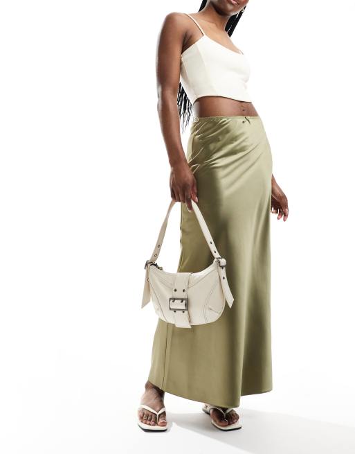 Miss Selfridge - Gonna lunga kaki in raso con finiture e taglio sbieco