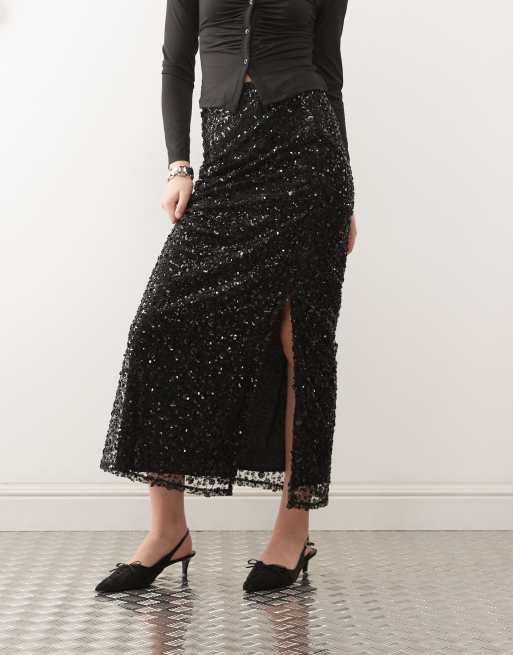 Miss Selfridge - Gonna lunga nera con paillettes, 2 di 5