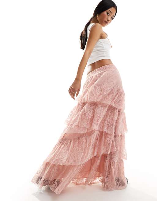 Miss Selfridge - Gonna lunga rosa polvere a balze in pizzo, 2 di 5