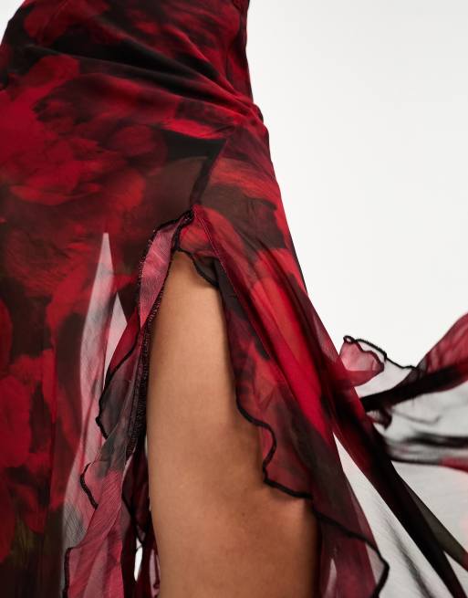 Miss Selfridge - Gonna lunga rossa a fiori in chiffon con spacco e volant, 4 di 4