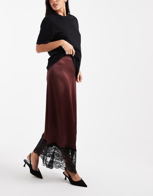 Miss Selfridge - Gonna lunga taglio sbieco in raso e pizzo color cioccolato