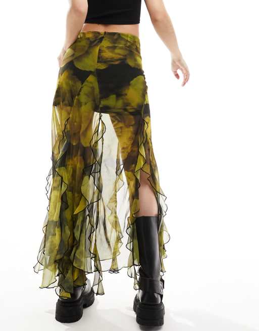 Miss Selfridge - Gonna lunga verde a fiori in chiffon con spacco e volant, 5 di 5