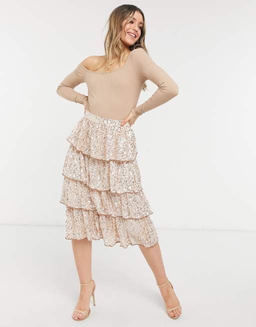 Miss Selfridge - Gonna midi a fasce con paillettes color cipria