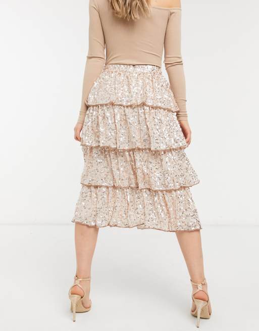 Miss Selfridge - Gonna midi a fasce con paillettes color cipria, 2 di 4