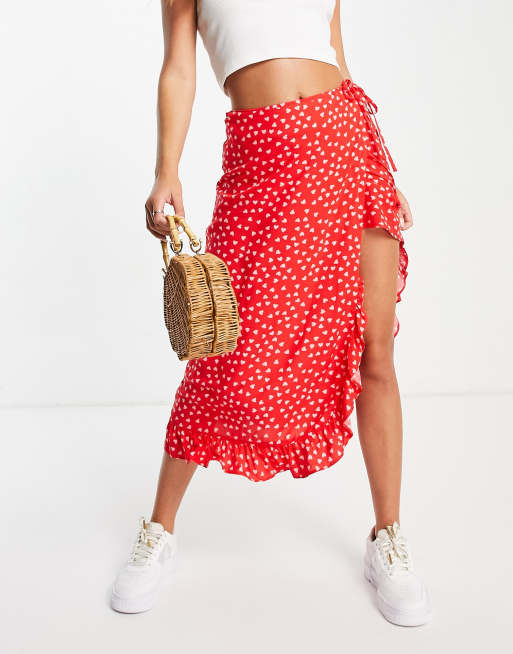 Miss Selfridge - Gonna midi a portafoglio con volant, rossa con stampa a cuori