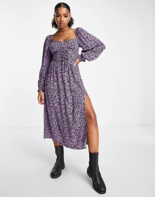 Miss Selfridge – Gorsetowa sukienka midi w fioletowy kwiatowy wzór