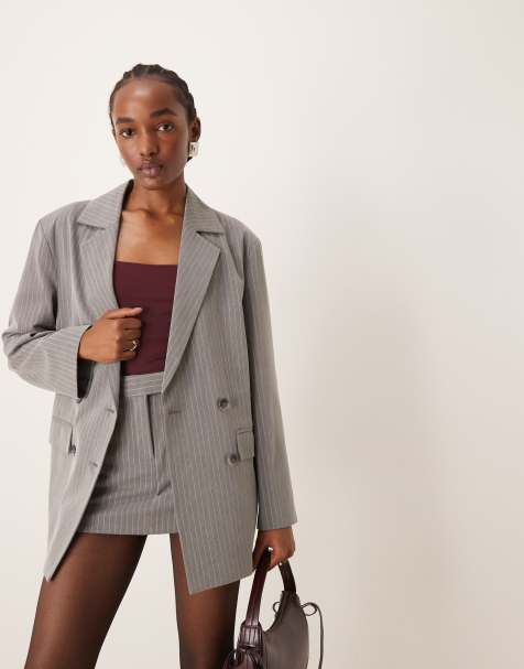 Miss Selfridge – Grå, kritstrecksrandig, slouchy, dubbelknäppt kavaj i oversize, del av kostym - view 1