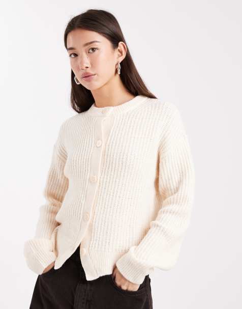 Miss Selfridge – Gräddvit, bredribbad kofta med rund halsringning - view 1