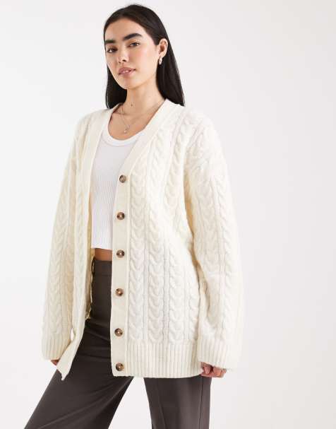 Miss Selfridge – Gräddvit, flätstickad kofta i lång oversize-modell - view 1