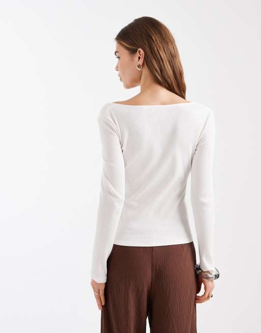 Miss Selfridge – Gräddvit, ribbad topp med långa ärmar och spetsinfällningar, 4 av 4