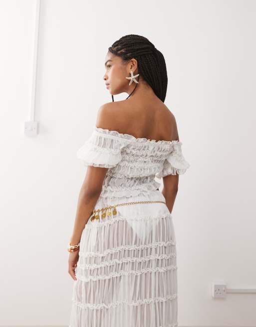 Miss Selfridge – Gräddvit, skir, smockad strandtopp med bardotringing, 4 av 4