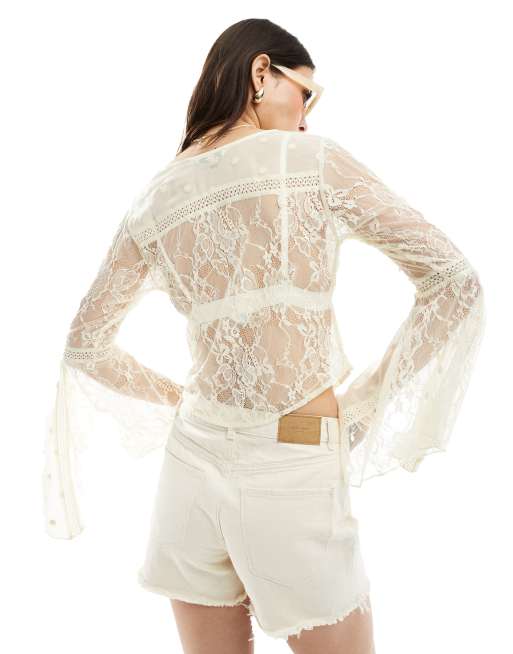 Miss Selfridge – Gräddvit spetsblus i cowboystil med utsvängda ärmar och knäppning, 4 av 4
