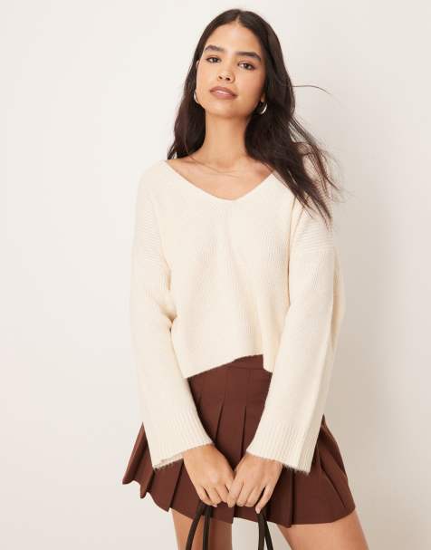 Miss Selfridge – Gräddvit, stickad tröja med v-ringning - view 1