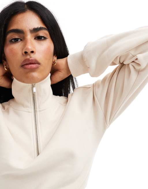 Miss Selfridge – Gräddvit sweatshirt med kort design och halvlång dragkedja, del av set, 3 av 4