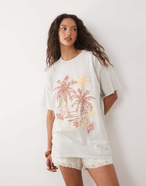 Miss Selfridge – Gräddvit t-shirt i oversize med havstryck - view 1