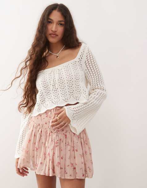 Miss Selfridge – Gräddvit, virkad tröja med fyrkantig ringning och långa ärmar - view 1