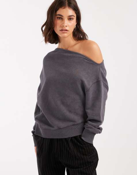 Miss Selfridge off the shoulder pleated sweatshirt in charcoal grey acid wash