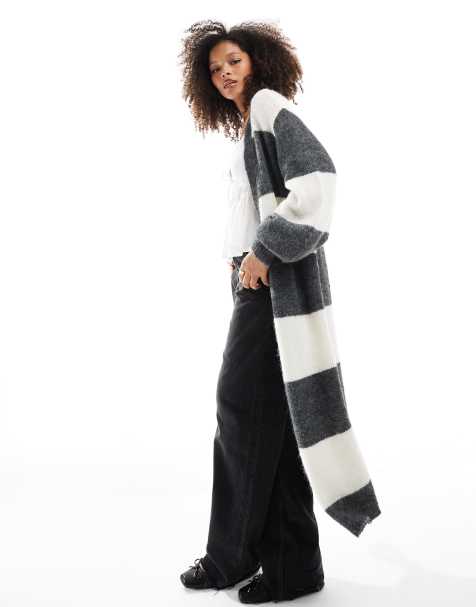 Miss Selfridge – Grafitowo-kremowy kardigan maxi w paski - view 1