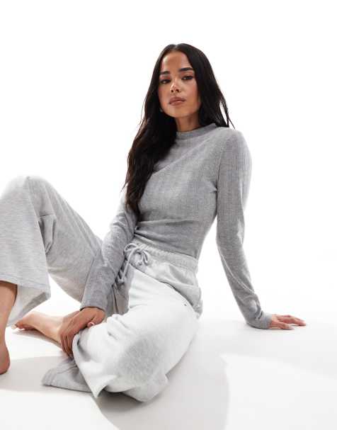 Miss Selfridge – Gråmelerad body i pointelle med långa ärmar och hög krage - view 1