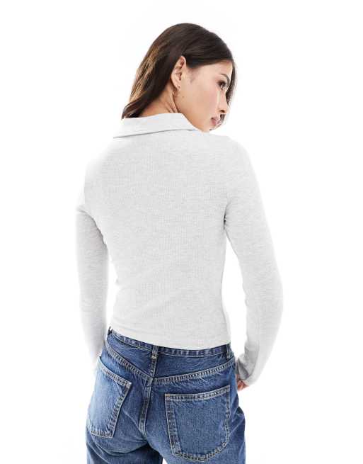 Miss Selfridge – Gråmelerad, ribbad skjorta med knäppning, 2 av 4
