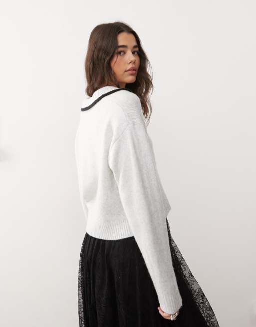 Miss Selfridge - Gråmeleret løstsiddende trøje med polokrave og sort kantstribe, 4 af 4